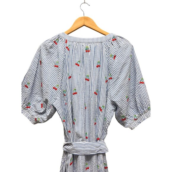 Boden NWT Bria Blue Striped Seersucker Cherry Embroidered A-Line Midi Dress - Picture 13 of 14
